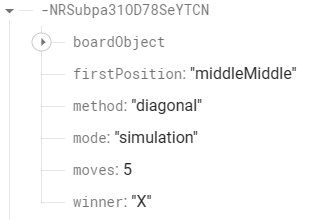 Image of an example game record in the Firebase Realtime Database.