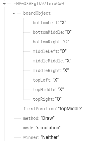 Image of an example game record in the Firebase Realtime Database.